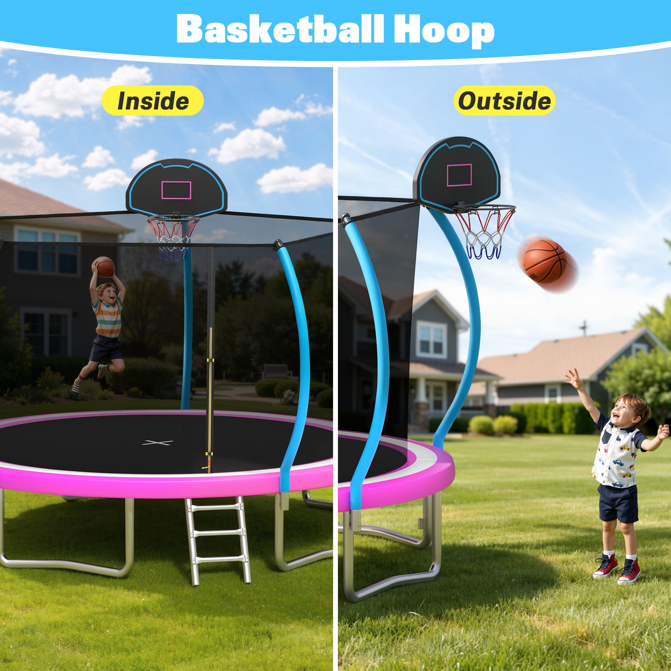12ft Trampoline with Safety Enclosure, SEGMART Upgrade Outdoor Trampoline with Basketball Hoop, Heavy Duty Back Yard Trampoline with Ladder for Kids and Adults, Pink