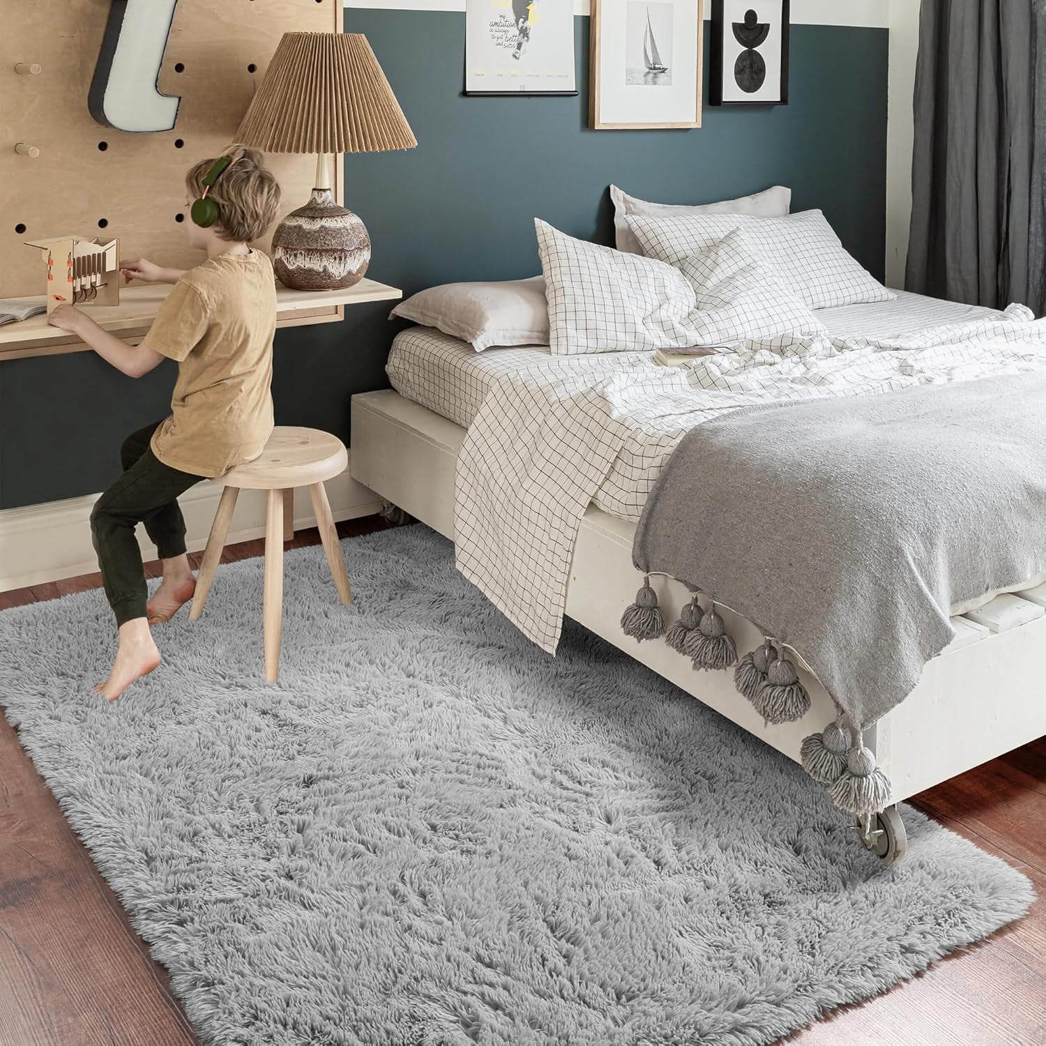 SUSUZI 5' x 7' Shaggy Area Rug, 2" Thick Ultra Plush Fluffy Carpet with Non-Slip PVC Backing, Gray Modern Soft Rug for Bedroom Living Room Kids Room