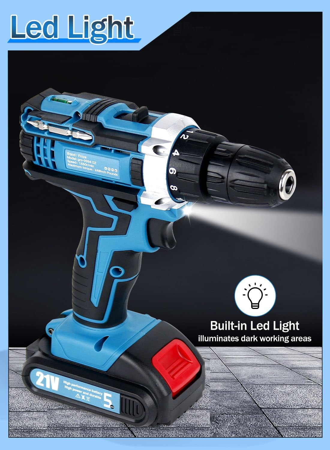 Cordless Hammer Drill 21V with LED Work Light - Compact 1.5AH Battery, 248 In-lbs, 18+2 Clutch, 2 Speeds, Charger, 25 Accessories Included（Dark Blue）