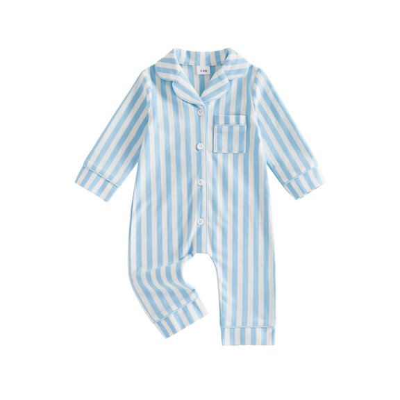 Cenuakty Baby Jumpsuit Long Sleeve Stripes Print Button Up Romper Footless Pajamas