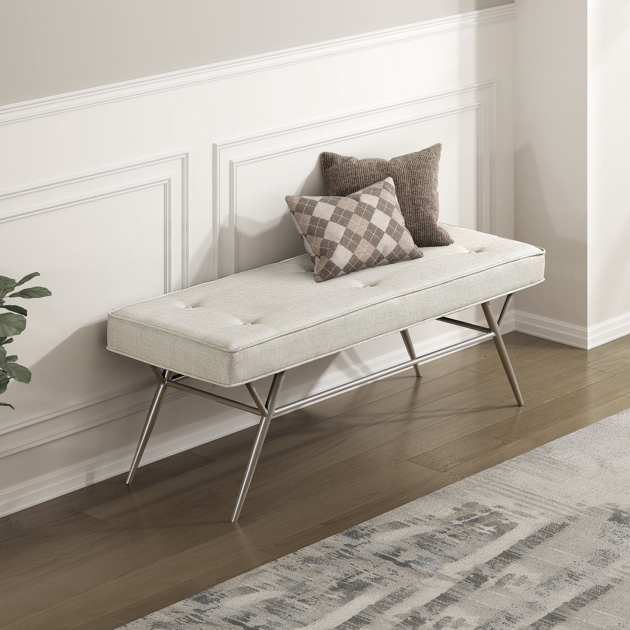 OakvillePark Seabourne Metal Frame Textured Fabric Tufted Bench, Beige