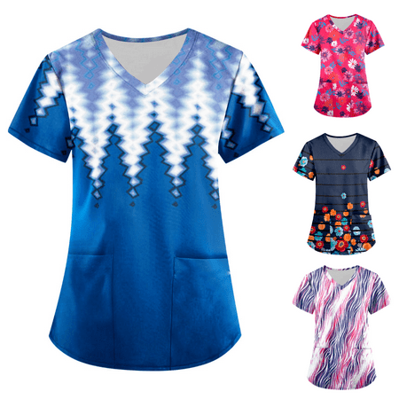 

XHJUN Scrub Tops Print Nurse Uniforms for Women Breathable Patterned Short Sleeve Y.Neck Plus Size Shirts Tee Tops with Pockets Blue XXXXXL