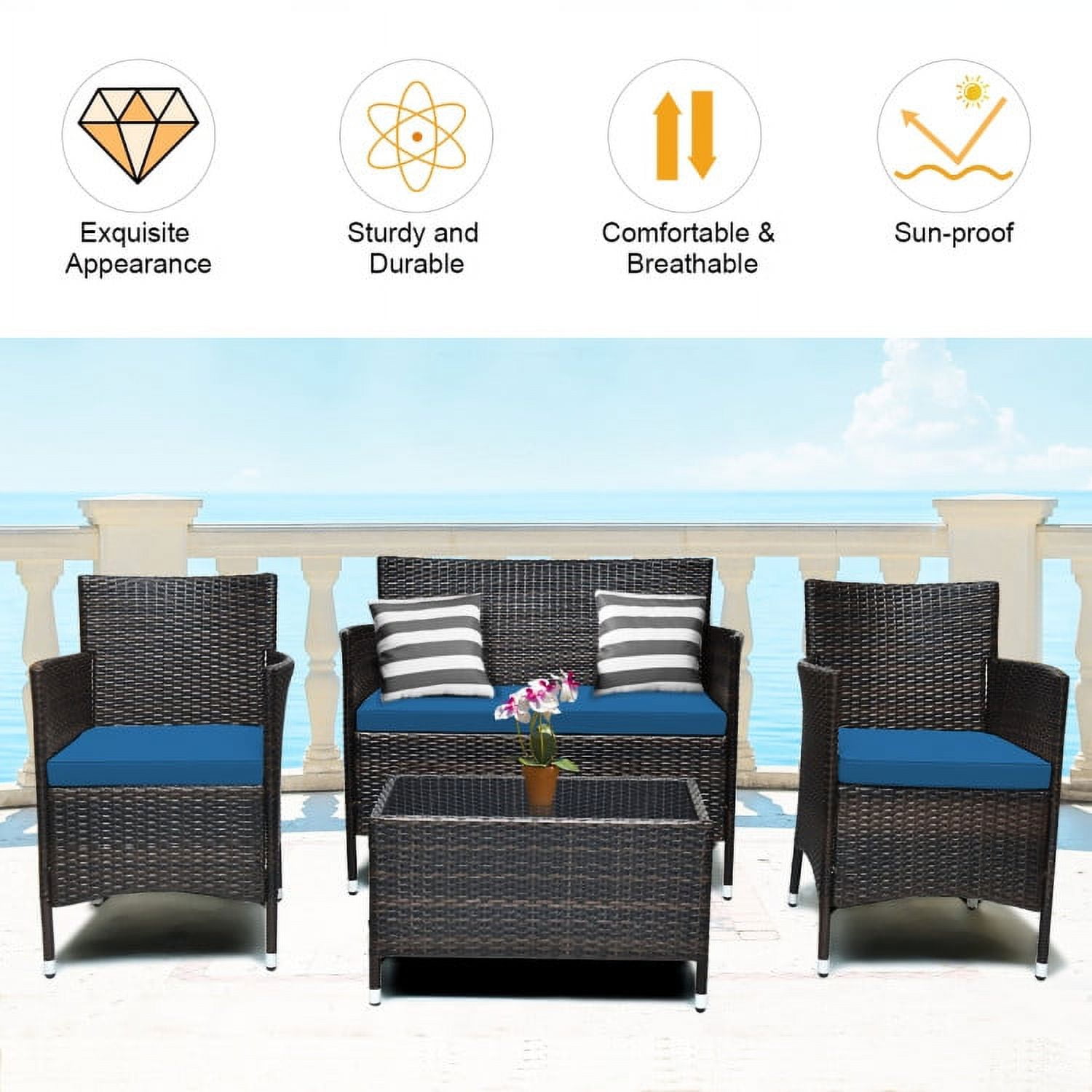 Aimee Lii 4 Pieces Patio Cushioned Wicker Conversation Set, Outdoor Sectional Set with with Glass Coffee Table, Peacock Blue