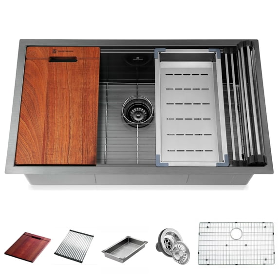 Clearance! TRUSTMADE Workstation 32-inch Undermount 16 Gauge Kitchen Sink R10 Radius Stainless Steel Kitchen Sink Single Bowl - 100% Handmade with Intergrated Ledge & Accessories 5 packs
