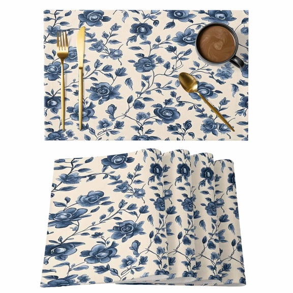 Navy Blue Floral Placemats Set of 2, Vintage Flower Watercolor Leaf Botanical Farmhouse Non-Slip Place Mats Washable Table Mats for Kitchen Dining Table Decorations Indoor/Outdoor