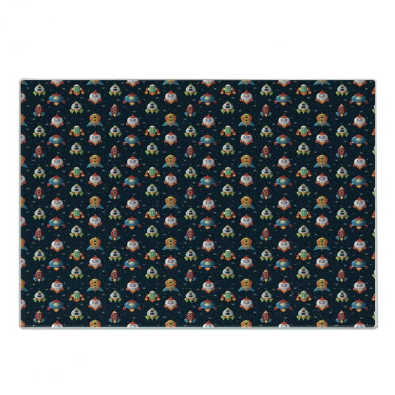 Spaceship Cutting Board, Cartoon Style Space Crafts Flying Through Cosmos Stared Background Astronauts, Decorative Tempered Glass Cutting and Serving Board, Small Size, Multicolor, by Ambesonne