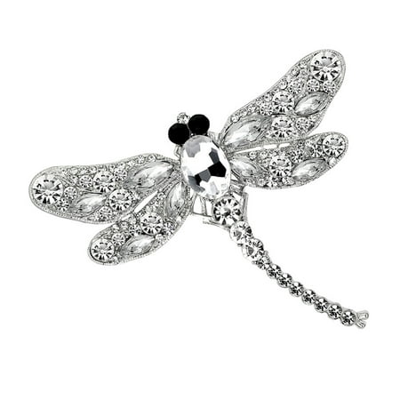 Vintage Brooch Pin Women Cute Crystal Diamond Enamel Dragonfly AE140-A white