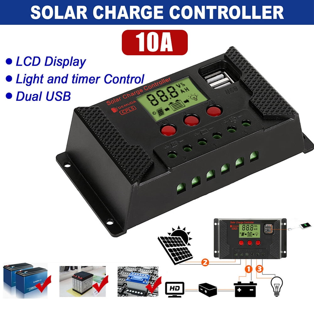 LCD 10A Solar Charger Controller PWM Dual USB Charge Regulator Panel 12/24V 