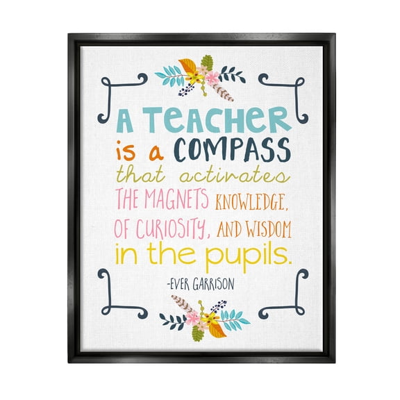 Stupell Teacher Is A Compass Inspiring Phrase Botanical & Floral Painting Black Floater Framed Art Print Wall Art
