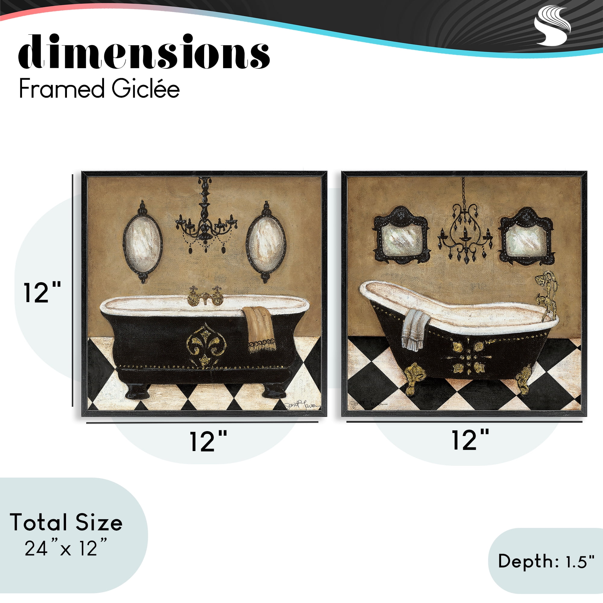 Stupell Industries Elegant Bathroom with Chandeliers 2 Piece Black Framed Giclee Art Set, design by Janet Tava