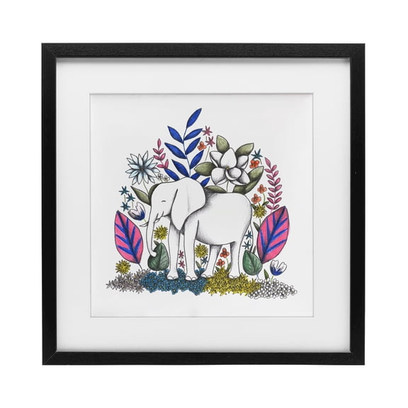 Elephant in Midst of Flowers Black Framed Print Under Glass, design by Cecilia Battaini
