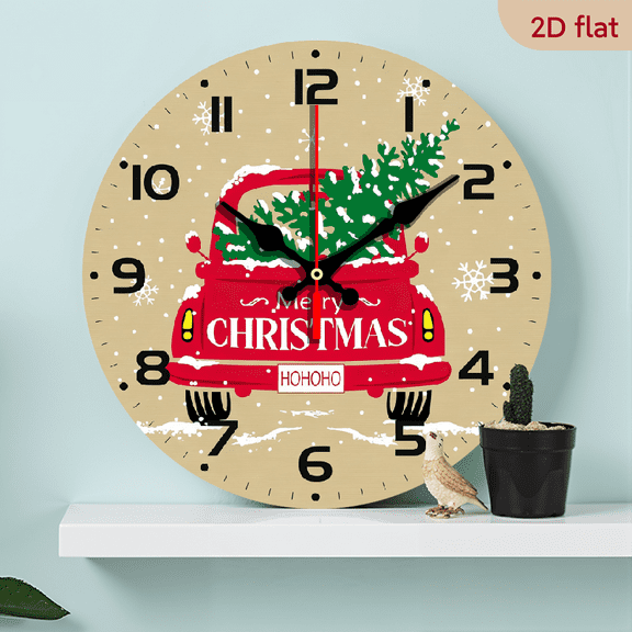 2D Flat 1pc 10Inch Wooden Wall Clocks, Christmas Wall Clock Decorative, Red Truck Kitchen Wall Clocks Battery Operated Round Bathroom Wall Clock Silent Non Ticking