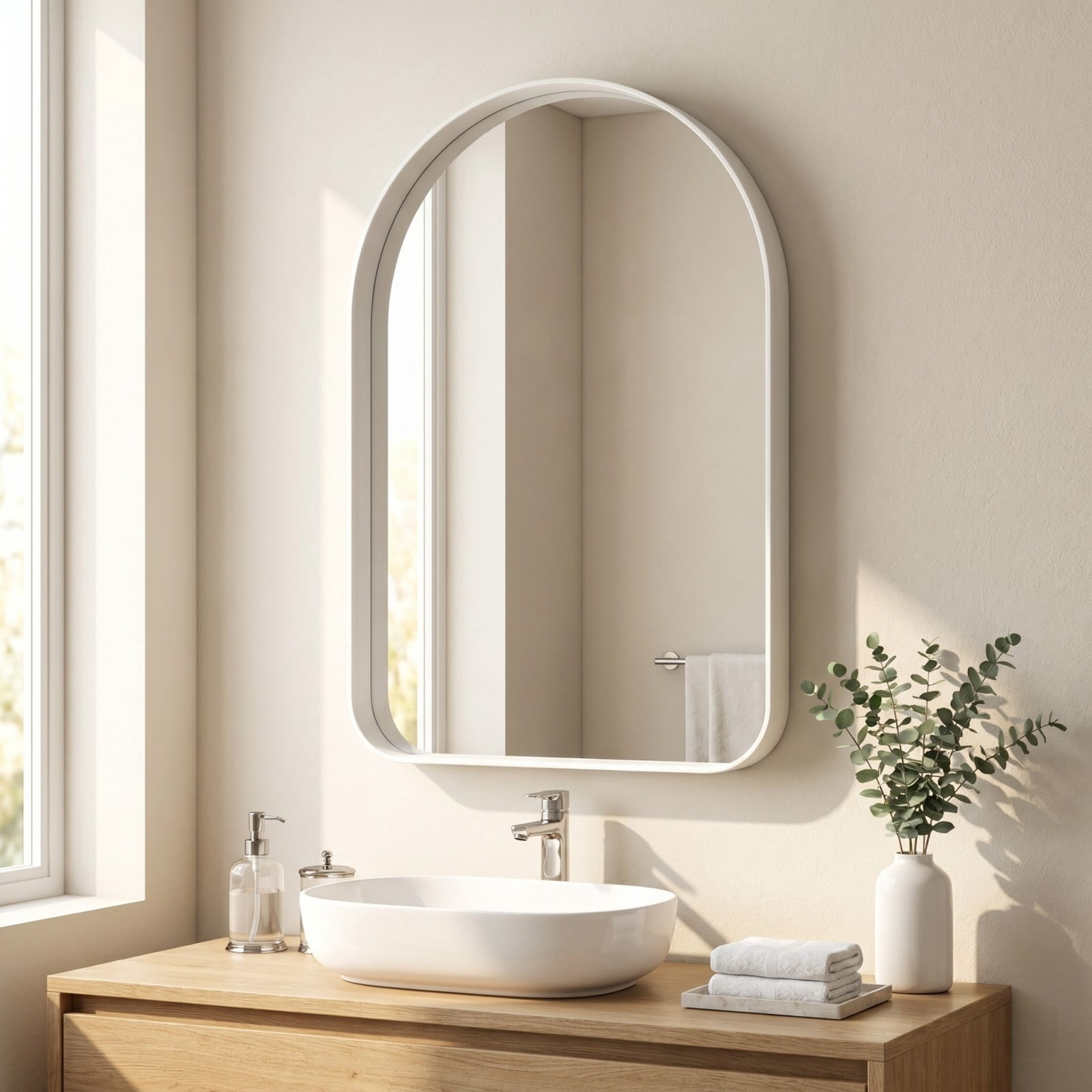 GRAHMCY 20"x30" Arched Bathroom Mirror Rounded Corner Vanity Wall Mirror with Deep Frame, White