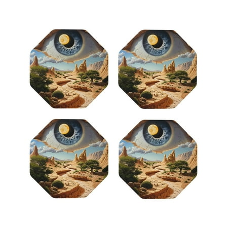 

Lukts Surreal Desert Eye Landscape Print Leather Drinks Coasters Set of 4 Suitable or Drinks Furniture Protection and Easy Clean up-Octagon
