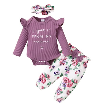 

Baby Girl Clothes Infant Romper Outfits Ruffle Sleeve Top Floral Pant Set Newborn Baby Clohtes for Girls（0-3 Months Purple）