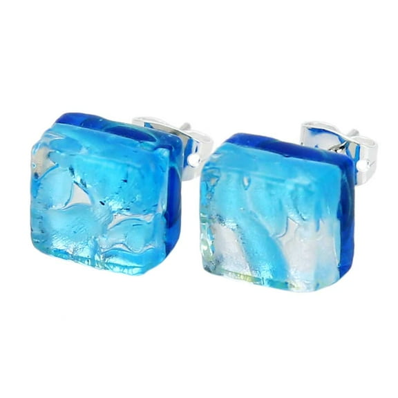 GlassOfVenice Murano Glass Venetian Reflections Square Stud Earrings - Aqua Silver