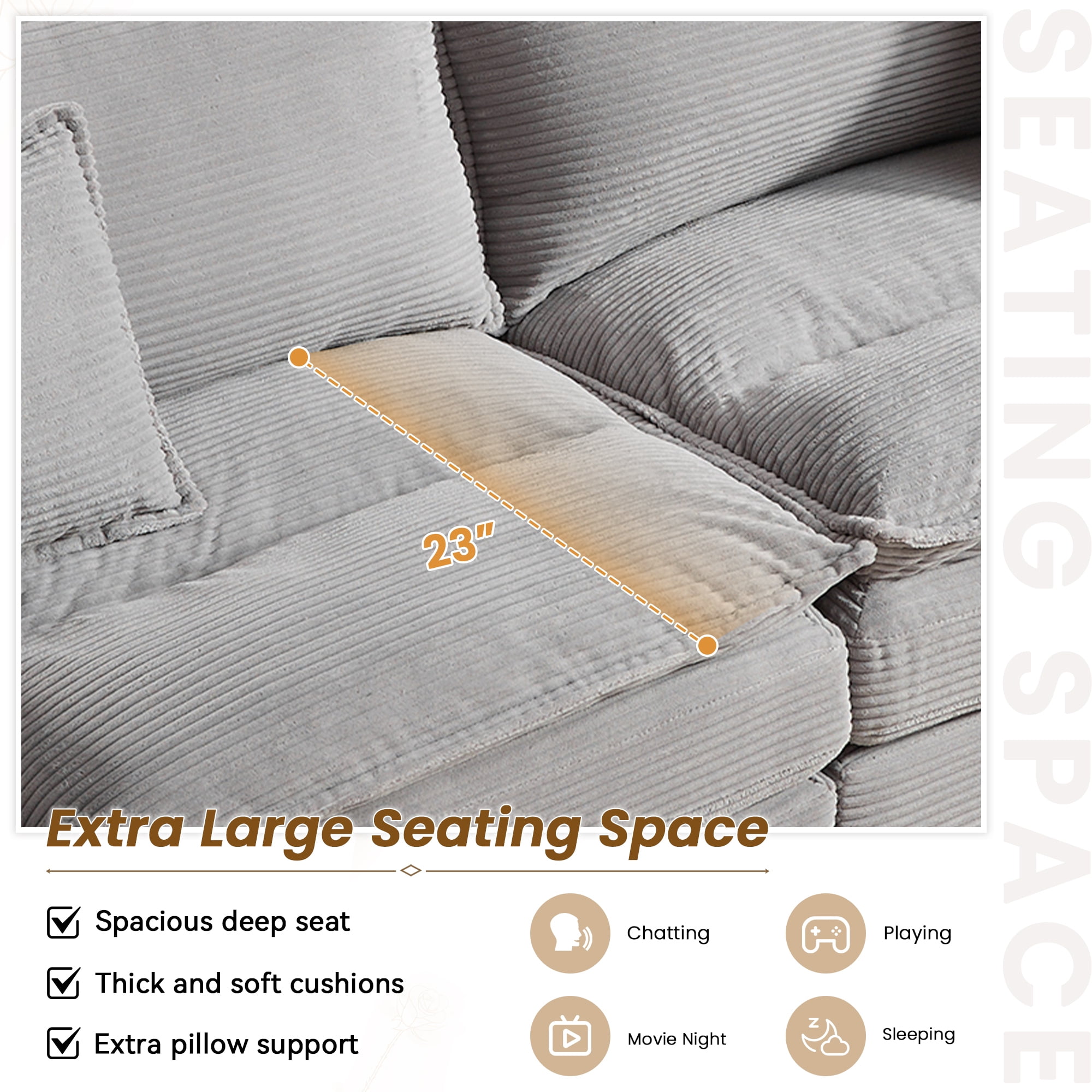 Dinosisco 84"L Deep Seat Sofa, Corduroy Upholstered Sleeper Couch for Living Room, Light Gray