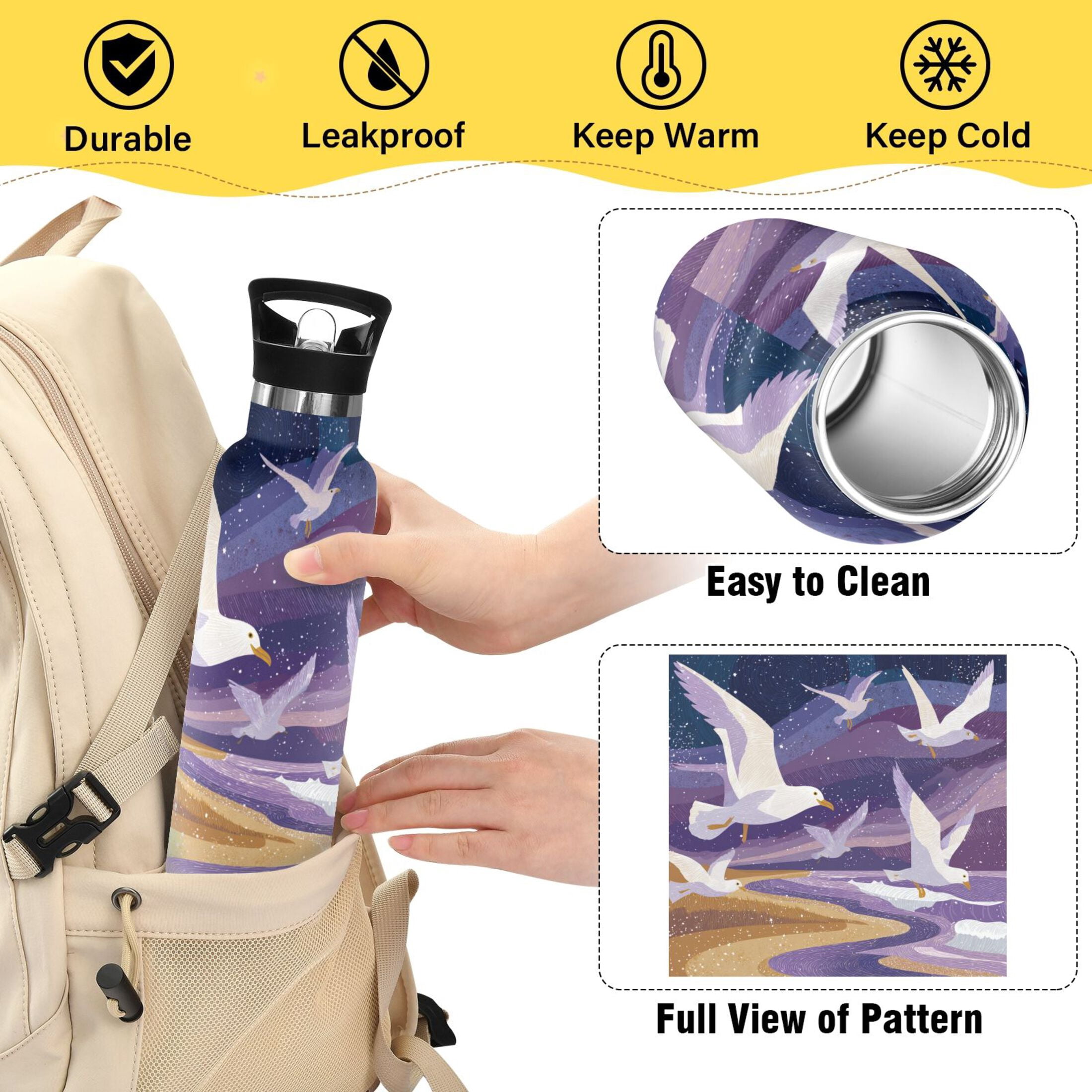 600ML Stainless Steel Insulated Cup Sports Water Bottle Portable Thermos Cup Water Glasses Insulated Tumblers Convenient and Durable Beautiful Seagulls
