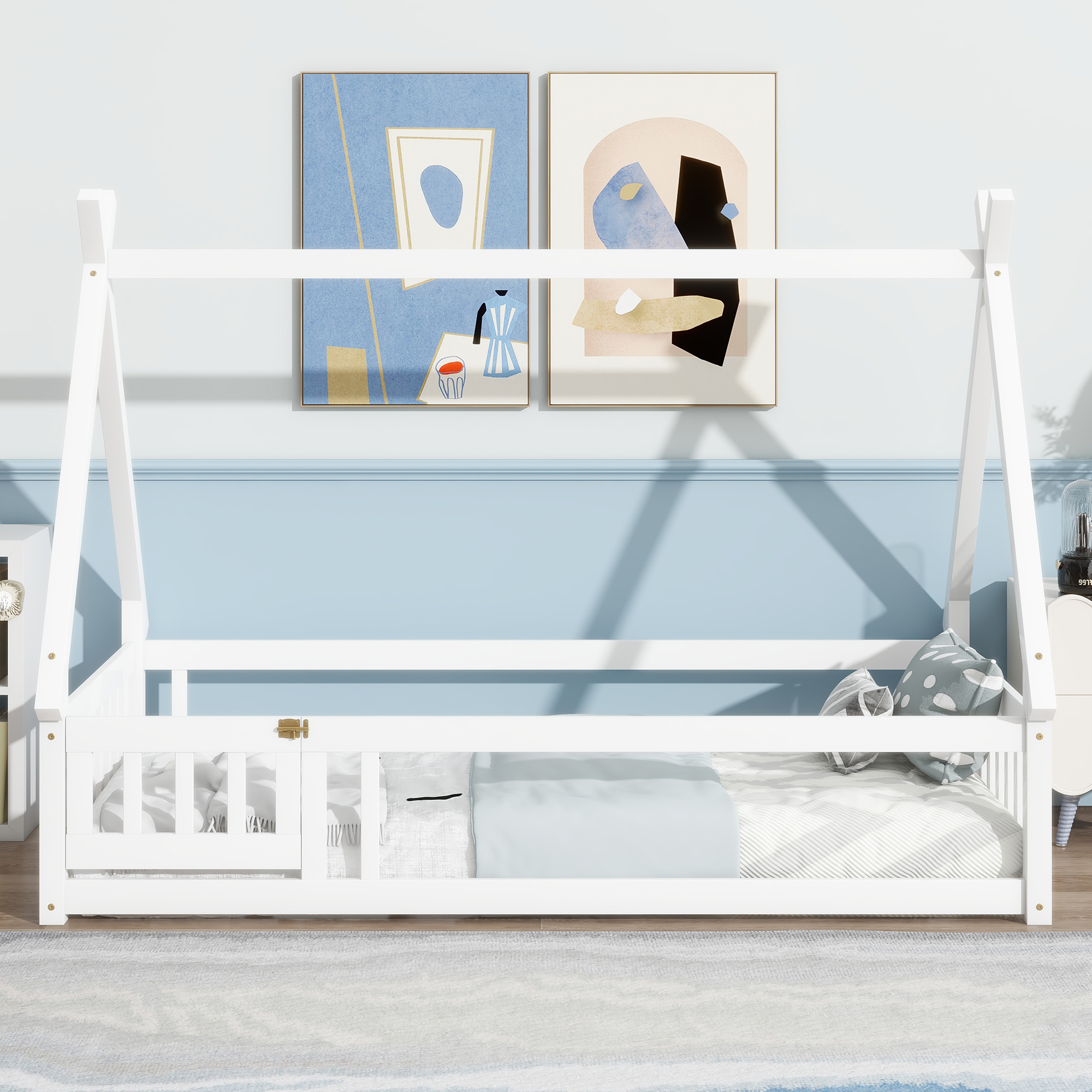 Miniyam Twin Floor Bed for Kids with House Frame, Guardrails and Lockable Door, White
