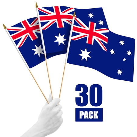 G128 30 Pack Handheld Australia Australian Stick Flags | 12x18 In | Printed 150D Polyester, Country Flag, Solid Wooden Stick, Spear Gold Tip