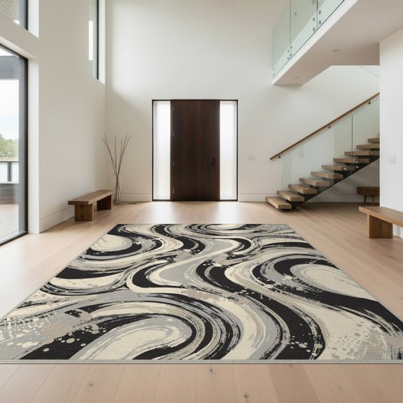 Design&I 8'x10' Washable Area Rug Snag-Free Large Under Painterly Splash Marbled Motion Pile Covering for Dining Room, Large Office, Lounge