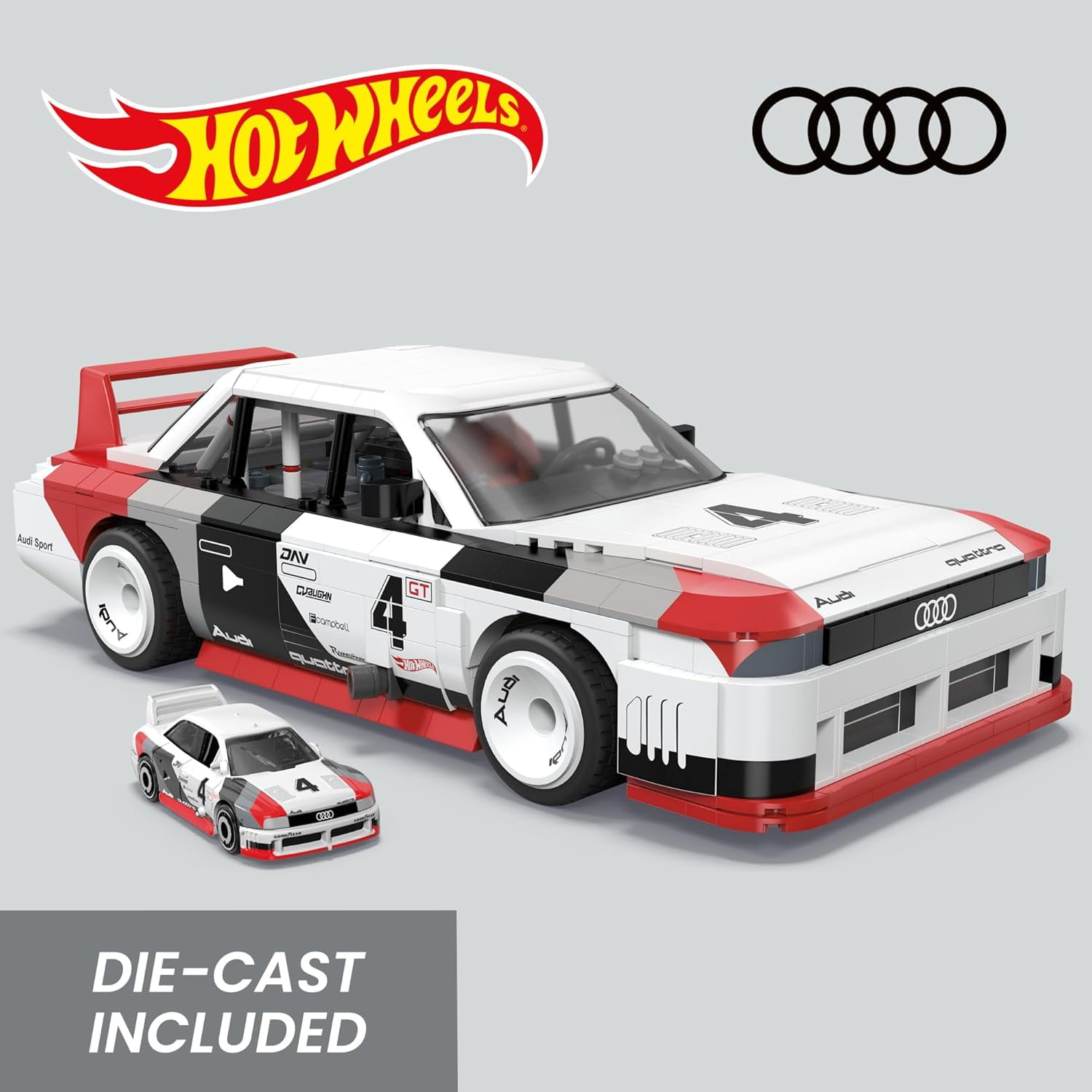 MEGA Hot Wheels Collectible Car Building Toy, 973 Brick Pieces, 1:15 Scale, Audi 90 Quattro IMSA GTO, with Die Cast Model