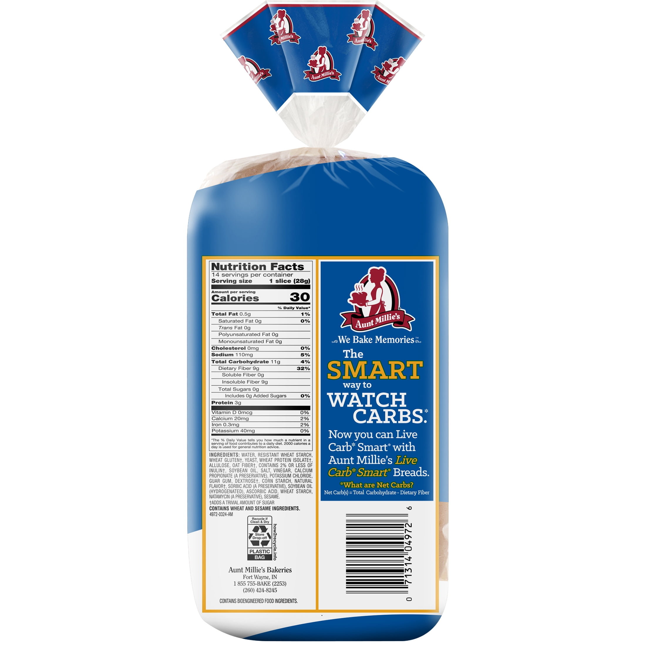 Aunt Millie's Live Carb Smart White Bread Loaf, 14 oz