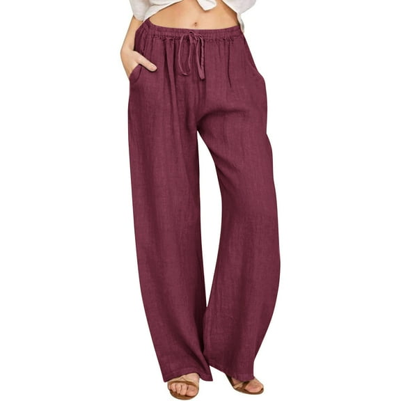 ClodeEU Womens Cotton Linen Wide Leg Pants with Drawstring , Fashion Comfort Casual Trousers with Pockets Wine,Womens Plus M