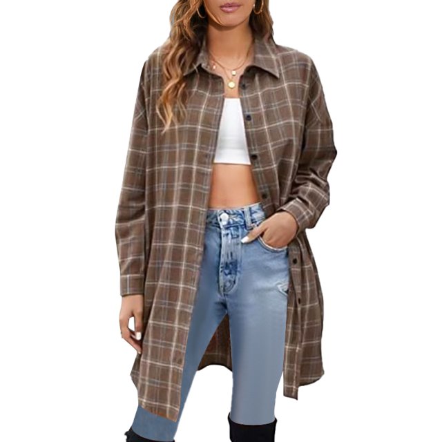 Camisas con botones a cuadros para mujer, cuello vuelto, estilo Retro, blusa holgada de manga larga a cuadros para fiesta diaria, Color caramelo L