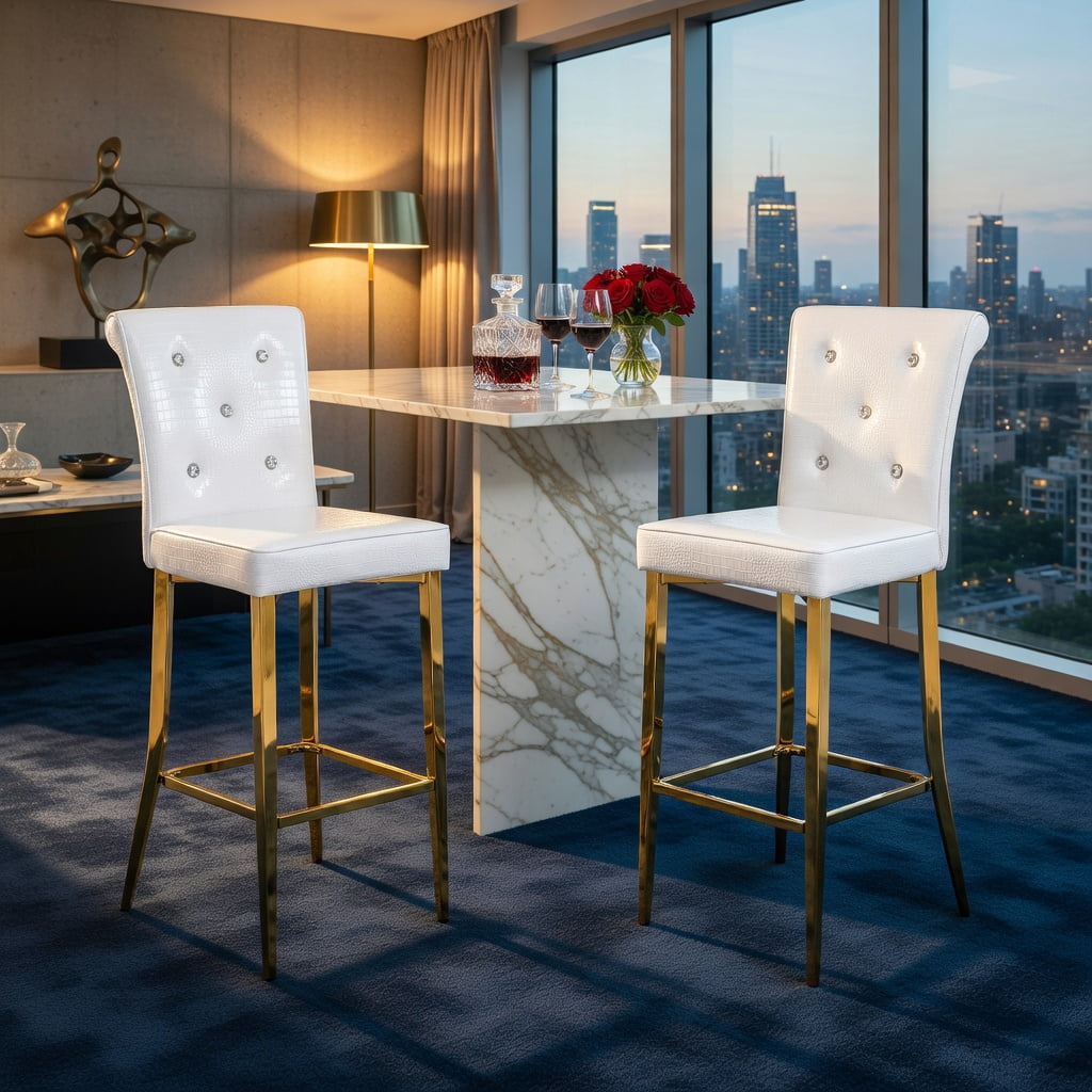 Hommoo 2-Pack Vintage Faux Crocodile Bar Chairs with Crystal Buckle Accents, Waterproof PVC Leather, Easy Assembly, White