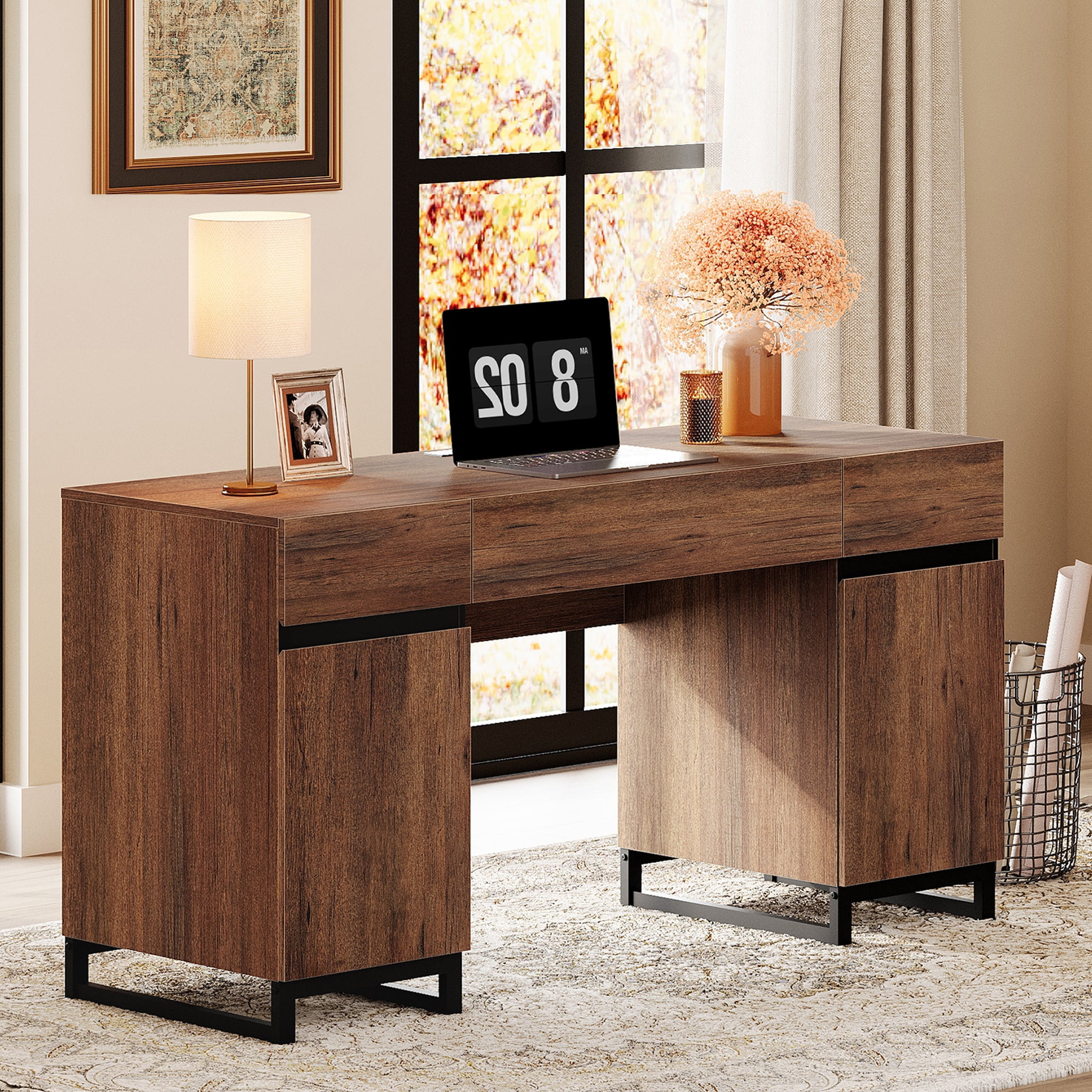 WAMPAT Office Furniture Set: 59" Executive Desk with Charging Station and Storage Cabinet, Four 72" Tall Bookcases, Modern Computer Desk and Library Shelf for Work Study, Brown