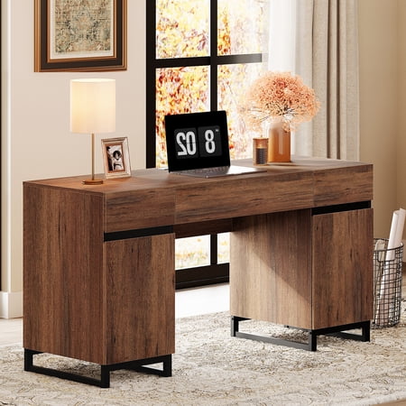 WAMPAT Home Office Furniture Set: 59in Modern Executive Desk with Charging Station and Drawers and Two 72in Tall Bookcases Home Office Furniture for Living Room Bedroom Brown