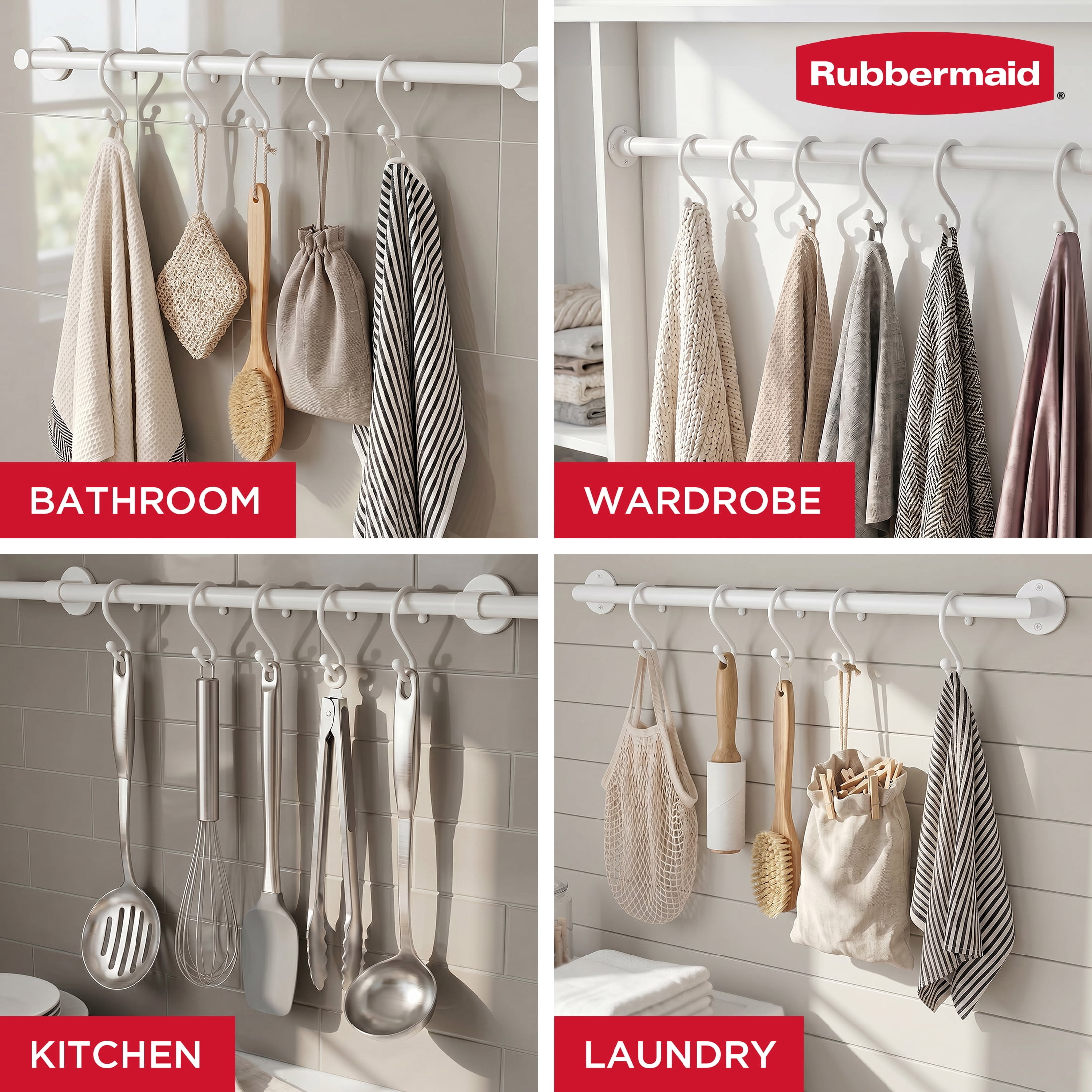 Rubbermaid White Plastic S-Shape Shower Curtain Hooks, 12 Count