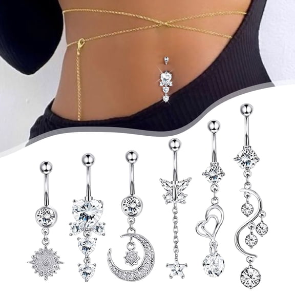 Homesteed 6pc Dangle Belly Button Rings Navel Piercing Jewelry Sparkling Body Accessories for Women Fashion Hanging Belly Piercings