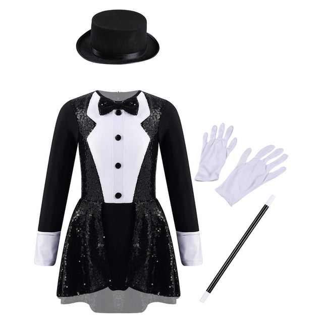 Yartina Tenue de Cirque Dansant pour Filles Enfants Magicien Sequins Nœud Papillon Justaucorps Robe Noire 10