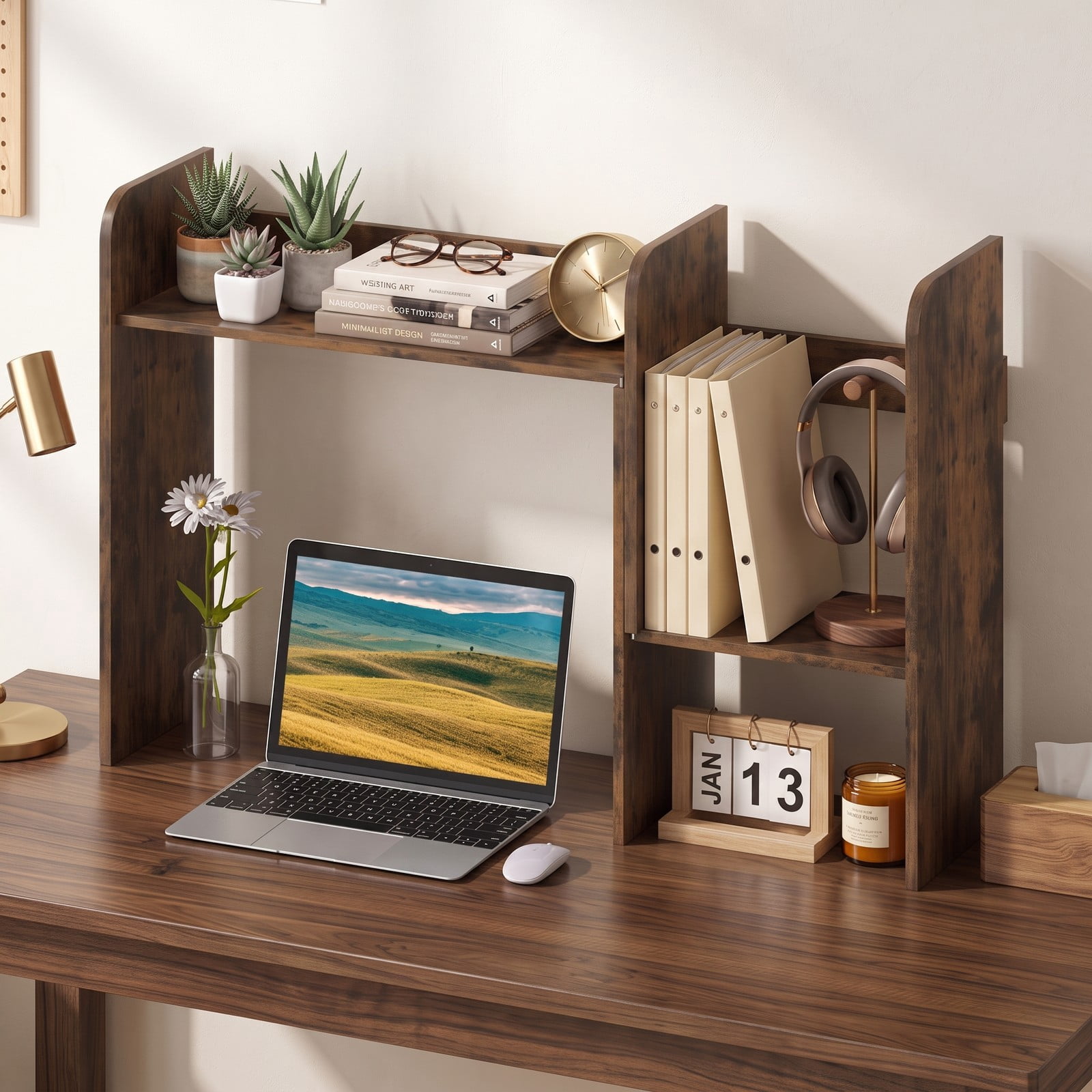 Furnibear Expandable Desk Bookshelf with Open Cubes, Desktop Display Rack Organizer for Monitor Riser Stand, Wood Small Bookcase Shelf for Home Office, Rustic Brown