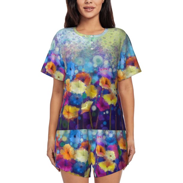 Fotbe Spring Flower Seasonal Conjunto de Pijama Estampado para Mujer, 2 Piezas, Ropa de Dormir con Camiseta de Manga Corta y Shorts Suaves-Medium