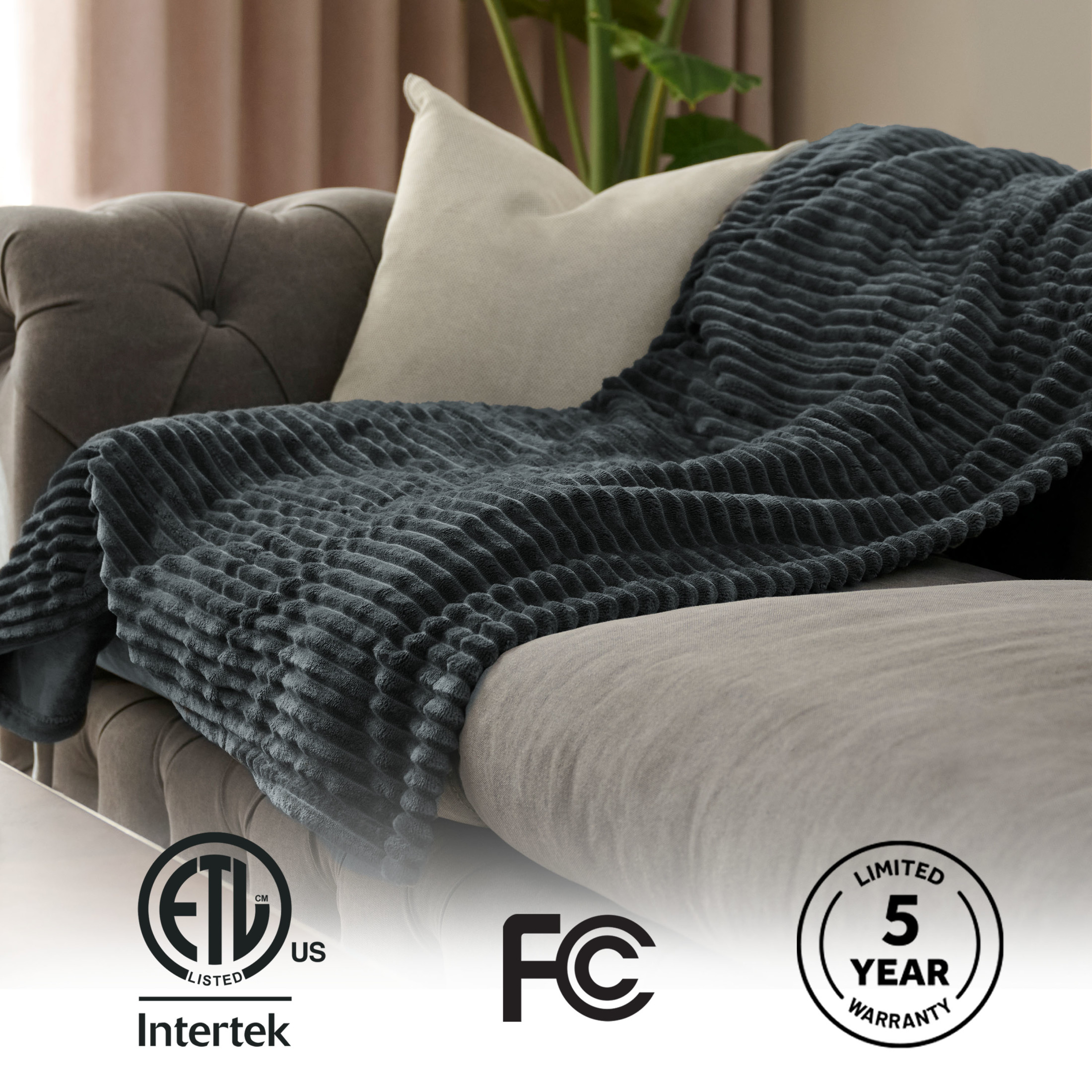 Sunbeam Heated Throw Blanket Textured Velvet Slate 3 Heat Settings 50"x60"