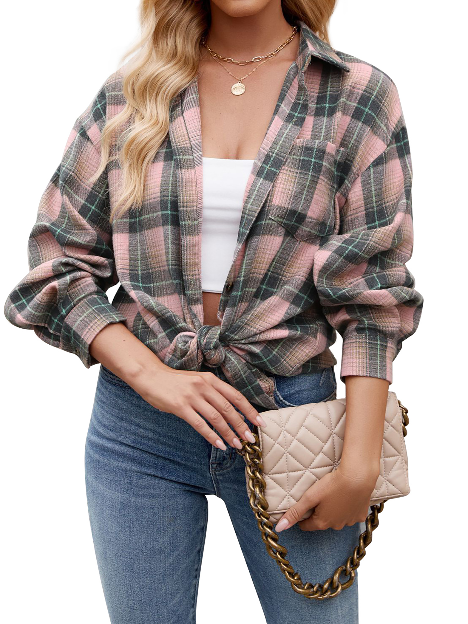 MOSHU Women's Plaid Flannel Shirt, Pink photo 3