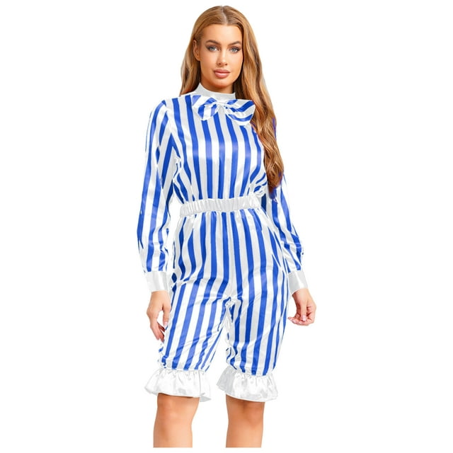 Jowowha Womens Wicked Clown Circus Striped Rompers Bow Long Sleeve One Piece Bodysuits Blue White S