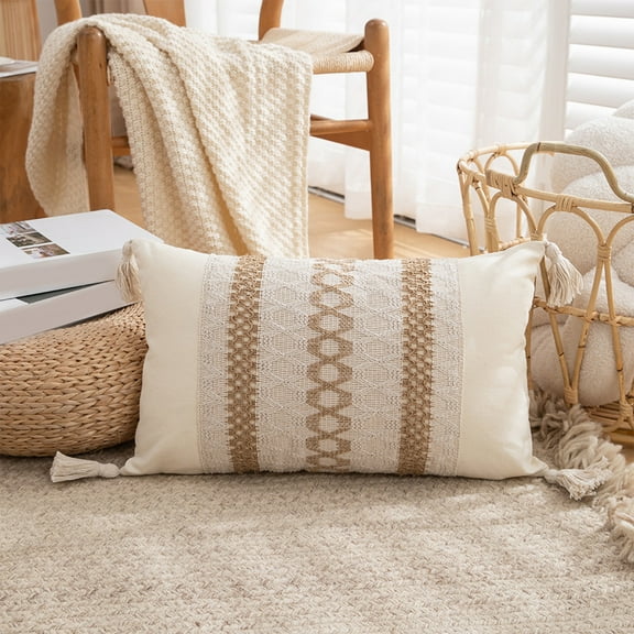 Tassel Pillow Cover | Embroidered Decorative Pillowcase | Soft Striped Design for Sofa & Bed | 30x50cm White Cushion Cover with Hidden Zipper