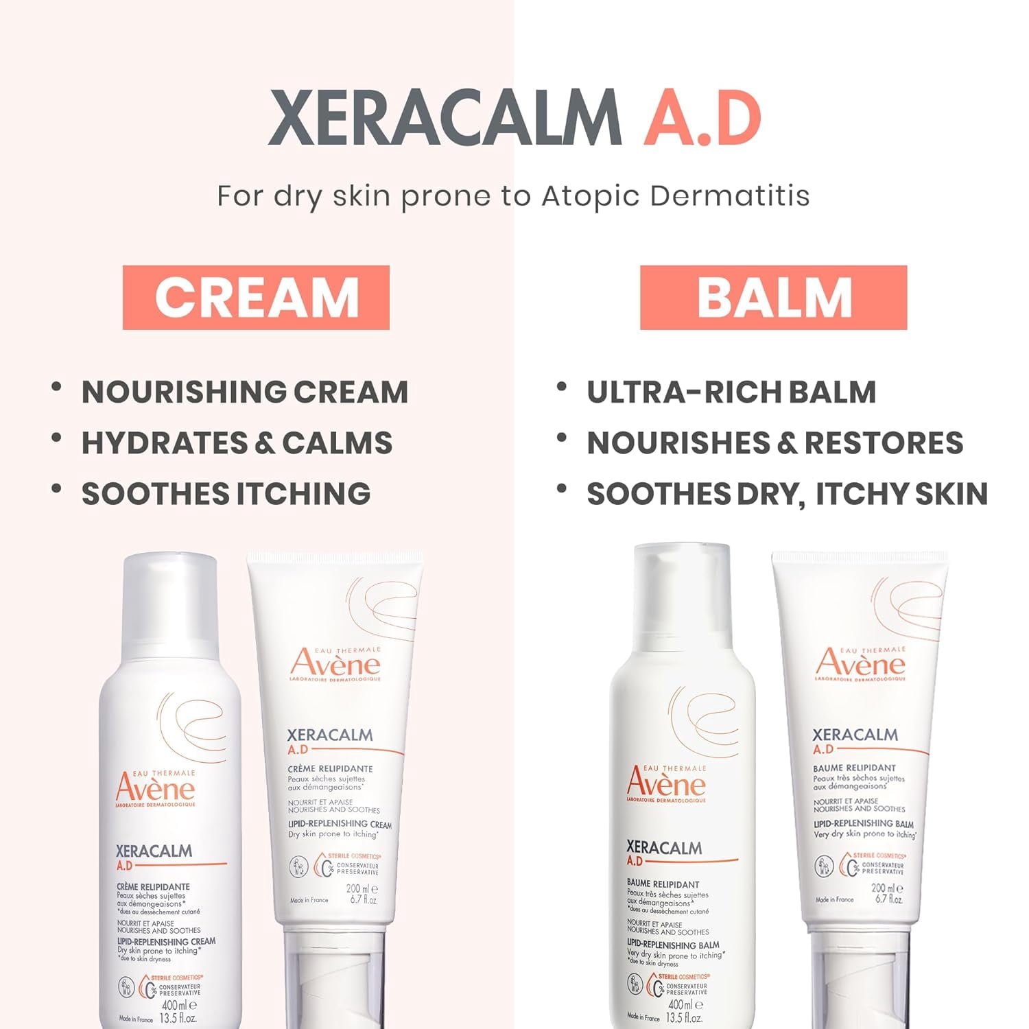 Avene XeraCalm A.D Lipid-Replenishing Balm - For Dry Itchy Skin - Atopic Dermatitis - Eczema Relief, 6.7 fl oz