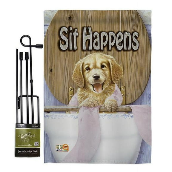 Breeze Decor BD-PT-GS-110008-IP-BO-D-US15-AL 13 x 18.5 in. Sit Happens Nature Pets Vertical Double Sided Mini Garden Flag Set with Banner Pole