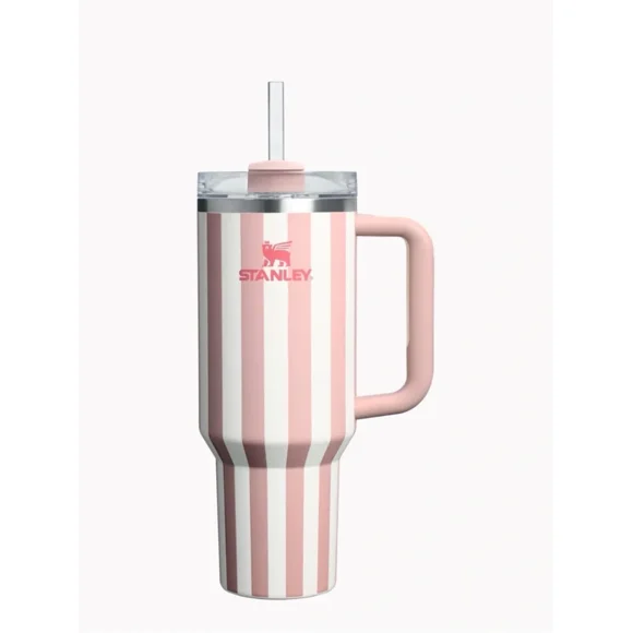 Stanley The Quencher H2.0 FlowState Tumbler 40oz, Pink and White Striped Edition, Insulated Stainless Steel Travel Mug with Handle & Straw, 24H Cold/11H Hot, BPA-Free