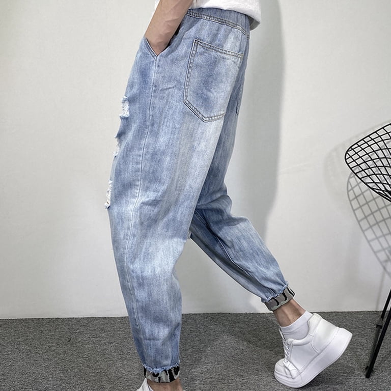 GuangCheng Jeans for Men Stretch Drawstring Baggy Denim Pants