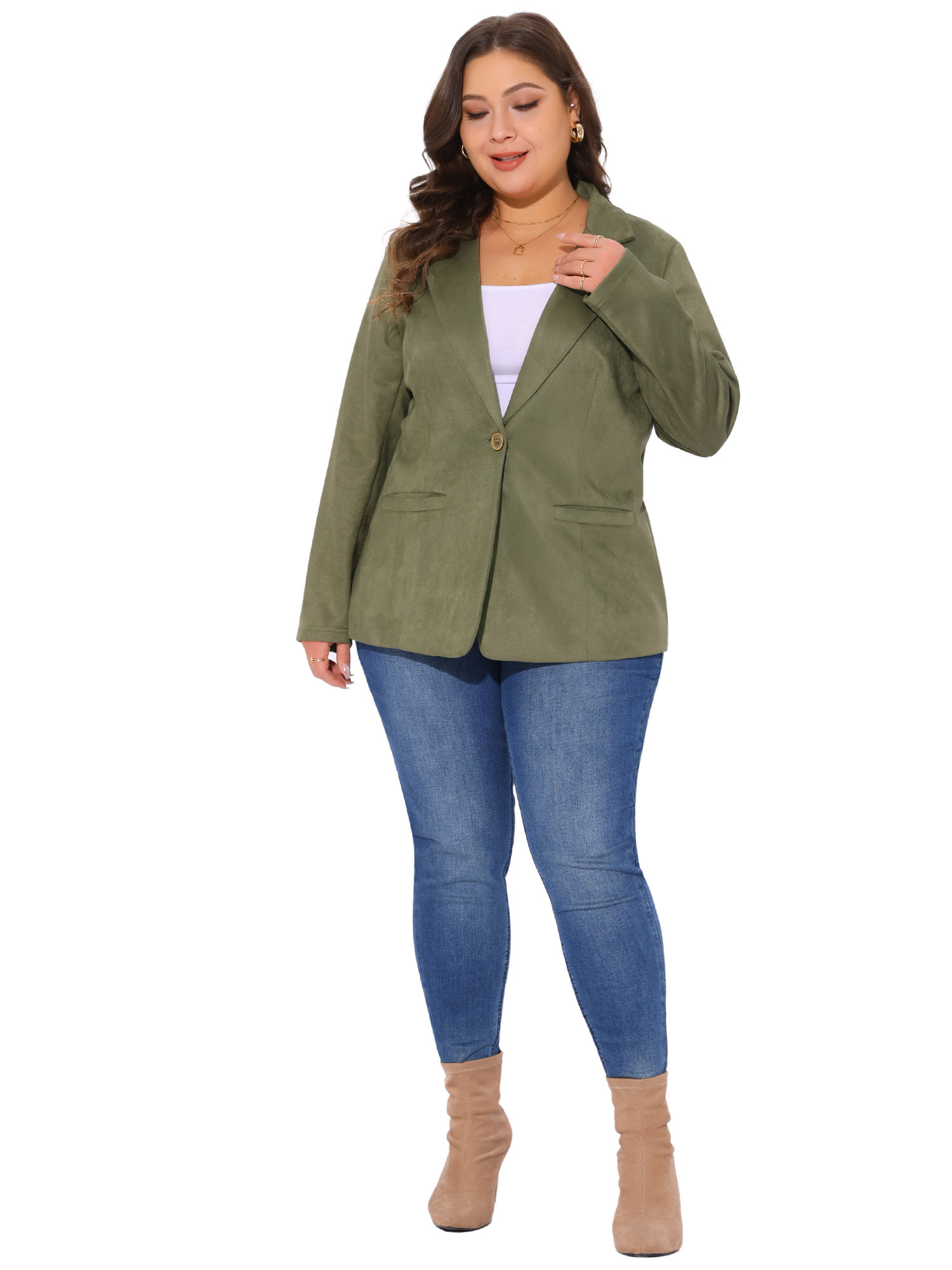 DARING DIVA Women's Plus Size Lapel Collar Button Front Long Sleeve Blazer 3X Army Green