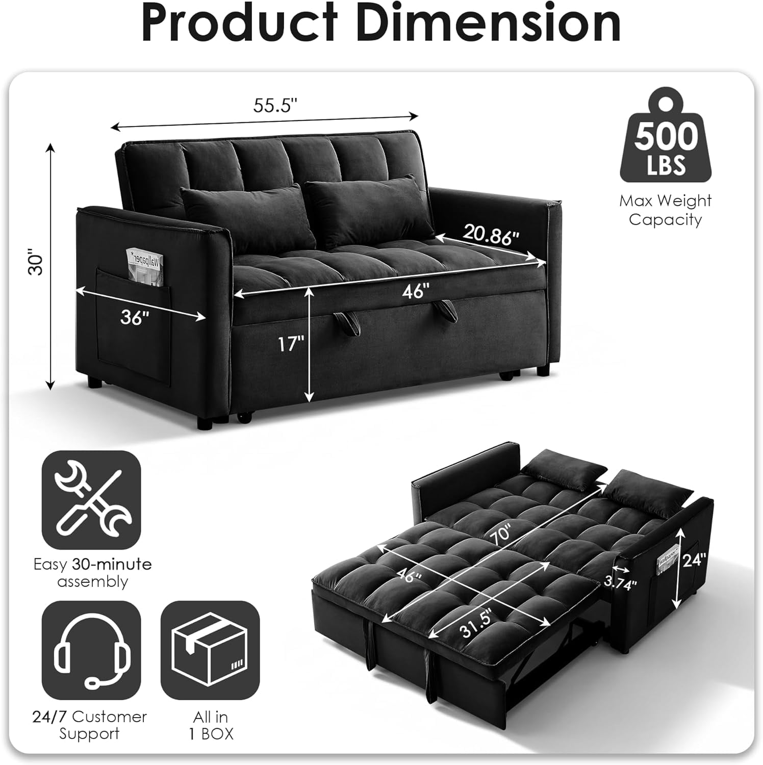 55" 3-in-1 Convertible Loveseat Sleeper Sofa, Velvet, with Pull-Out Bed, Reclining Backrest and Side Pockets, Black