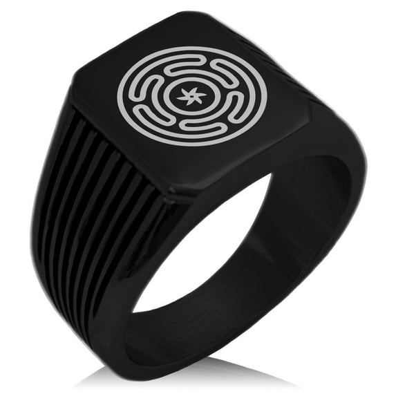 Stainless Steel Hecate Greek Goddess of Magic Needle Stripe Pattern Biker Style Polished Ring
