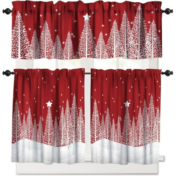Merry Christmas 3 Piece Kitchen Curtains Set,Winter Forest Snowflake Print Window Treatment Tiers Red Rod Pocket Valance Sets for Small Windows Bedroom Living Room 54 x 24 Inch