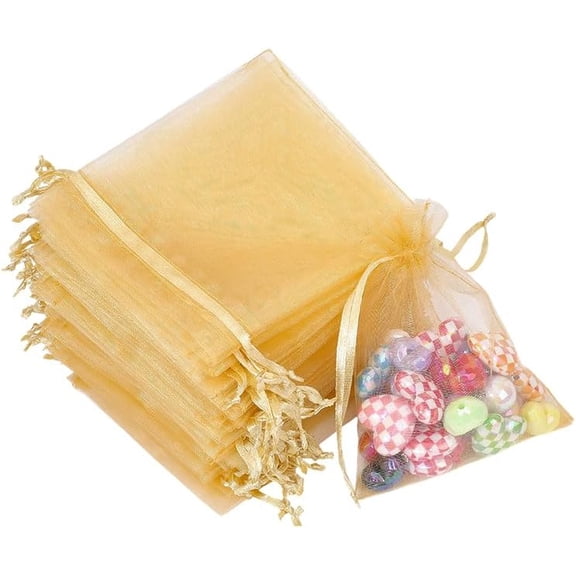 50Pcs Gift Bags 12x10x0.03cm Gold Organza Drawstring Bags Rectangle Party Favor Pouches with Ribbon Wedding Birthday Shopping Supplies for Gift Wrapping